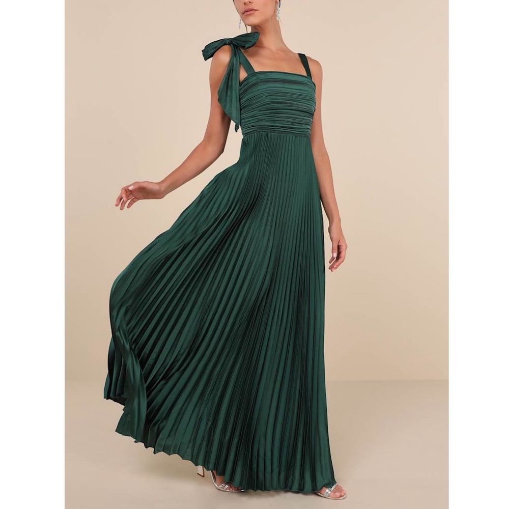 LULUS Gorgeous Purpose Emerald Satin Pleated Sleeveless Bow Maxi Dress